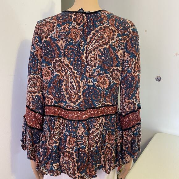 American Eagle Top Women L Smocked Brown Floral Bell Sleeve Y2K CottageCore Boho - Picture 8 of 8